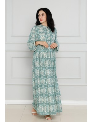 Sevitli Şal Desen Beli Tünelli Viscon Elbise-Mint Yeşili