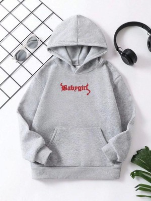 Asgard Wear Çocuk Unisex Kapüşonlu Babygirl Baskılı Sweatshirt - Gri