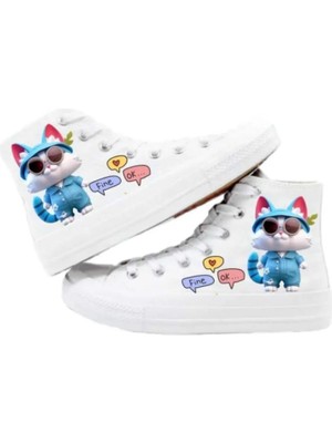 Lias Shoes Cool Mavi Kedi Baskılı Keten Çocuk Spor Ayakkabı Sneaker