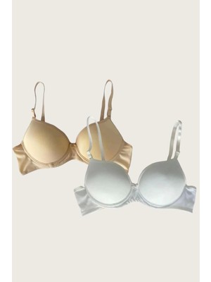 Pileli Store  Ten-Beyaz 2'li Mikro Kumaş Içi Boş Balenli Günlük Desteksiz Sütyen
