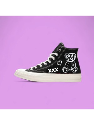 Lias Shoes Çizgi Ayıcık Baskılı Siyah Keten Baskılı Çocuk Spor Ayakkabı Sneaker