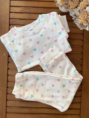 Babyaden Renkli Kalp Baskılı Pamuklu Mevsimlik Uzun Kollu Kız Çocuk Bebek Pijama Takımı