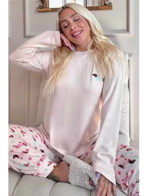 Pijama Evi Ekru Hund Desenli Termal Kadın Pijama Takımı