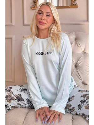 Pijama Evi Mavi Good Life Desenli Termal Kadın Pijama Takımı