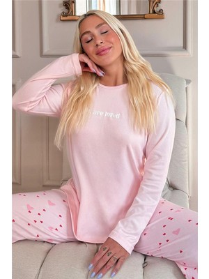 Pijama Evi Açık Pembe Loved Desenli Termal Kadın Pijama Takımı