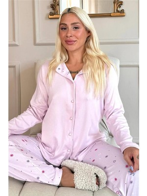 Pijama Evi Pembe Lot Desenli Termal Önden Düğmeli Kadın Pijama Takımı