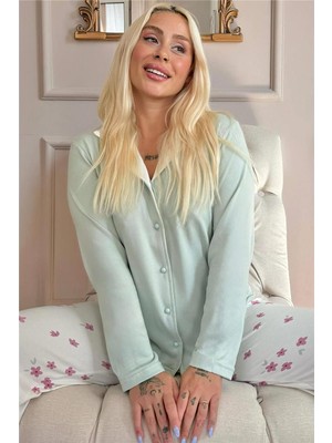 Pijama Evi Mint Flowers Desenli Termal Önden Düğmeli Kadın Pijama Takımı