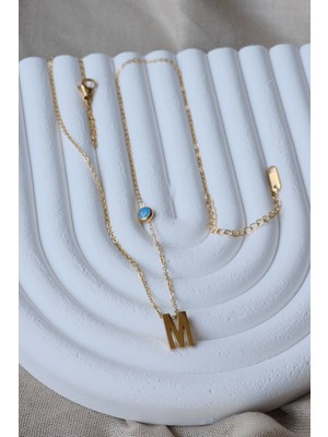 First Jewelry Nazar Boncuklu Gold M Harf Kolye (316L)