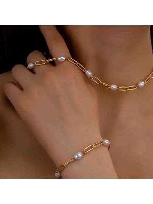 By Song Jewelry Gerçek Incili Çelik Kolye Bileklik Seti