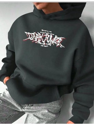 Belabre Oversize Erkek Dark Power Baskılı Antrasit Kapüşonlu Sweatshirt