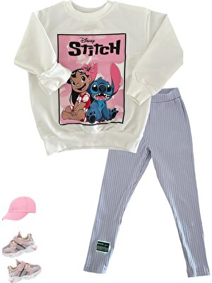 Patriko Tekstil Stitch Karakter Baskılı Beyaz Sweatshirt Lila Renk Tayt Kız Çocuk Takım