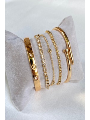 Mediterian Şık Kadın Zirkon Taşlı Altın Kaplama Kombin Bileklik
