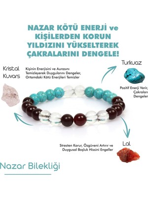 Mediterian Siyah Doğal Taş Nazar Tılsım Bileklik, Turkuaz, Kristal Kuvars, Hediyelik, Sertifikalı