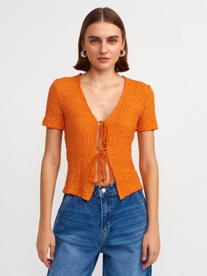 Dilvin 31224 Önden Bağlamalı Dantel Bluz-Koyu Oranj