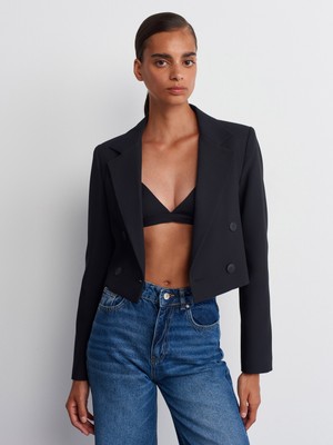 60742 Kruvaze Düğmeli Crop Blazer-Siyah