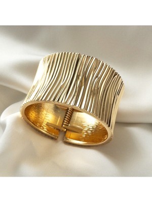 Mediterian Kadın Katmanlı Manşet Bileklik, Çelik ve Pirinç, Altın Renk, 19 cm