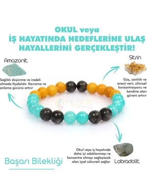 Mediterian Doğal Taşlı Öğrenci Tılsımı Bileklik, Yeşil Renk, Labradorit, Amazonit, Sitrin
