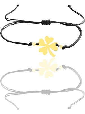 Mediterian Yonca Desenli Makrome İp Bileklik, Zirkon Taş, Altın Renk, 925 Ayar