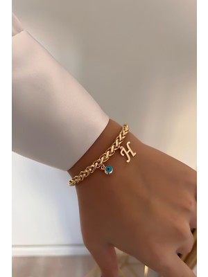 Mediterian Kişiye Özel H Harfli Nazarlı Kalın Zincir Bileklik, Altın Kaplama, Pirinç Malzeme