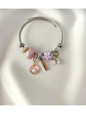Mediterian Zirkon Taşlı Deniz Kabuğu Çelik Bileklik, İnci Detaylı, Gümüş Pembe