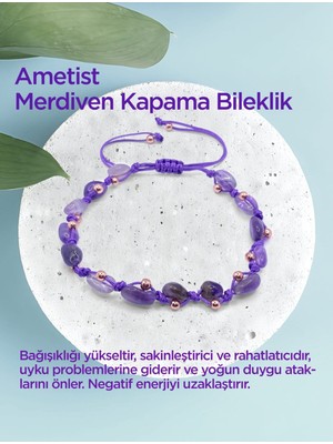 Mediterian Mor Ametist Doğal Taş Bileklik, İnce Kesim, Özel Tasarım, Merdiven Kapama