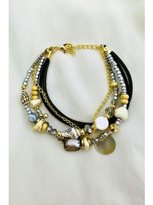 Mediterian Grı taşlı bohem çoklu bileklik, doğal inci detaylarıyla şık ve özgün tasarım