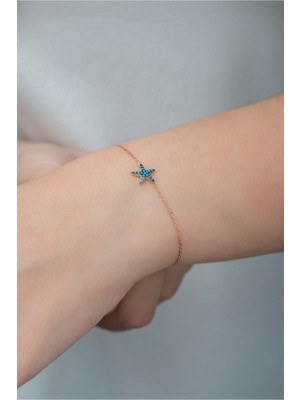 Mediterian 925 Ayar Gümüş Turkuaz Taşlı Deniz Yıldızı Kadın Bileklik, Pembe Renk