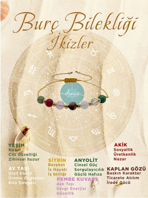 Mediterian Doğal taş ikizler burç bilekliği, çok renkli ve şık tasarım