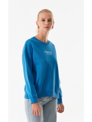 Yazı Baskılı Bisiklet Yaka Sweatshirt