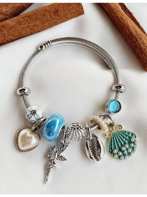 Mediterian Deniz Kabuğu Temalı Çelik Bileklik, Zirkon Taşlı, Gümüş Renkli Şık Takı