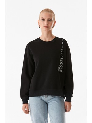 Yazı Baskılı Bisiklet Yaka Sweatshirt