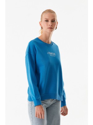 Yazı Baskılı Bisiklet Yaka Sweatshirt