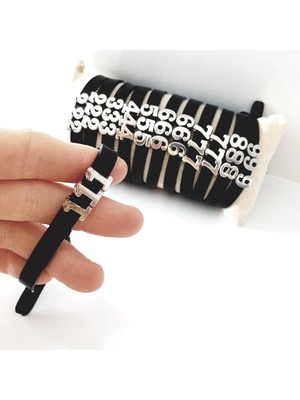 Mediterian Şanslı Sayılar Bileklik, Deri, Siyah, Paslanmaz Toka, Rakam Detaylı, TR Menşei