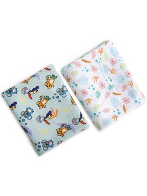 Milk&Moo Müslin Örtü 2'li Set Jungle Friends Çift Taraflı Ekstra Yumuşak Muslin Kumaş 100 x 130 cm