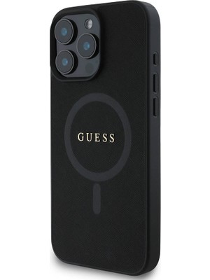 Guess iPhone 16 Pro Max Kılıf Guess Lisanslı Magsafe Şarj Özellikli Yazı Logolu Saffiano Classic Siyah