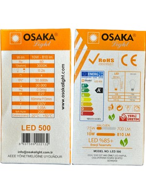 Osaka 10W (75W) 3000K (Günışığı) E27 Duylu Dim Edilebilir LED Ampul