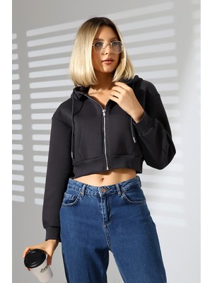 Kapüşonlu Şardonlu Fermuarlı Crop Geniş Kalıp Sweatshirt 21652 Füme