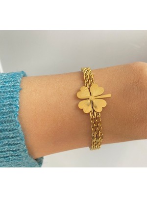 Mediterian Altın Kaplama 4 Yapraklı Yonca Çelik Bileklik, dayanıklı ve şık tasarım.