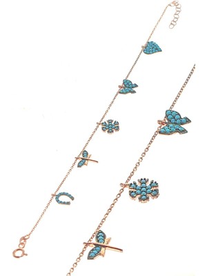 Mediterian Kadın Pembe Gümüş Turkuaz Taşlı Bileklik, 925 Ayar, Doğal Taş, Zarif Takı