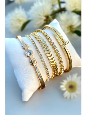 Mediterian Kadın 5'li Zirkon Taşlı Şık Bileklik Seti, Altın Kaplama, Gümüş Renk