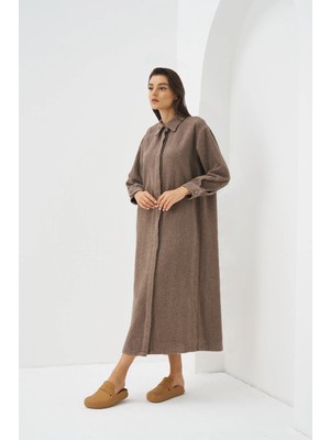 Balık Sırtı Desen Gömlek Elbise Kahve