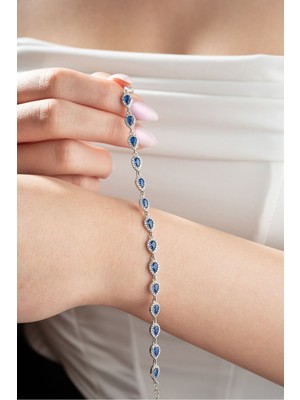 Mediterian 925 Ayar Gümüş Mavi Damla Zirkon Bileklik, Rodyum Kaplama, Şık ve Zarif Tasarım