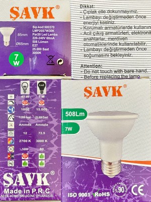 Şavk 7W 3000K (Sarı Işık) PAR20 E27 Duylu LED Spot Ampul (4 Adet)