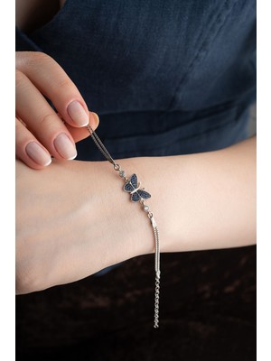 Mediterian 925 Ayar Gümüş Mavi Taşlı Kelebek Bileklik Zarif Takı