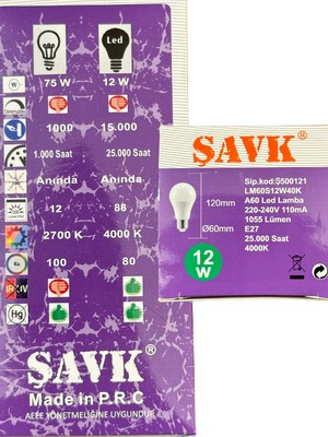 Şavk 12W 4000K (Günışığı) E27 Duylu LED Ampul (8 Adet)