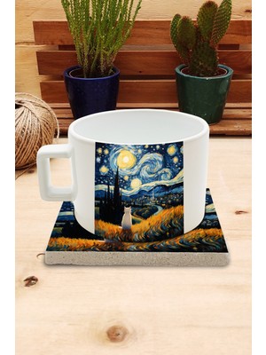 Harikapoli Kediler ve Sanat/van Gogh Yıldızlı Gece The Starry Night Set 4 - Fincan Kupa-Taş Bardak Altlığı 2