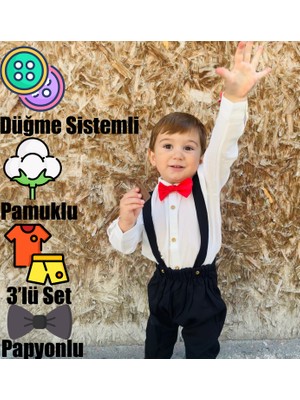 Ares Kids Fashion Siyah Salopet Uzun Beyaz Gömlek Uzun Kol Kırmızı Papyon 3'lü Set  Erkek Çocuk ve Bebek Giyim Hediyelik