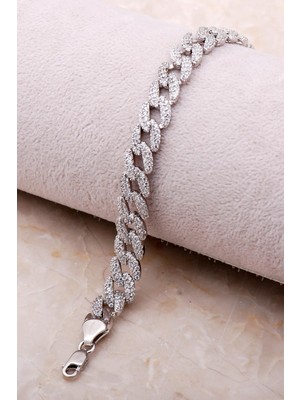 Mediterian Parlak Taşlı Gümüş Zincir Bileklik, Şık ve Zarif Takı, 925 Ayar, Zirkon Taşlı