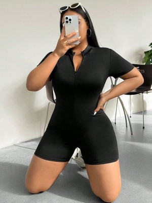 Drgy Kadın Kısa Kollu Önü Fermuarlı Bodycon Dalgıç Tulum