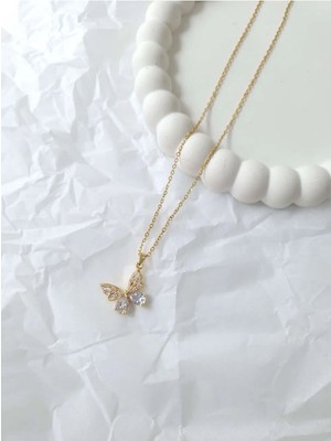 Vola Collection Çelik Gold Taşlı Kelebek Kadın Kolye